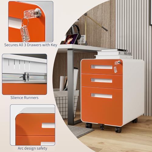 Fuhomtre 3 Drawer Lockable Mobile File Cabinet, Under Desk Metal Storage Cabinet with Wheels, Pre-Assembled, Compatible with A4/Letter/Legal Files for Home & Office,Orange