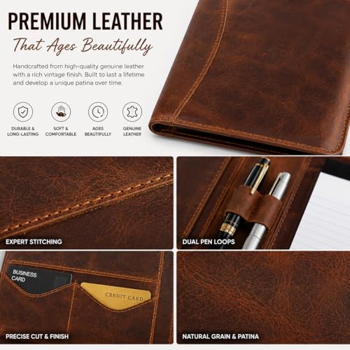 Leathervine Compact Leather Portfolio with Clipboard | Legal Pad | Card Holders | File Pocket | Pen Loop | Premium Organizer for Meetings | Work | Interviews | Graduation Gifts