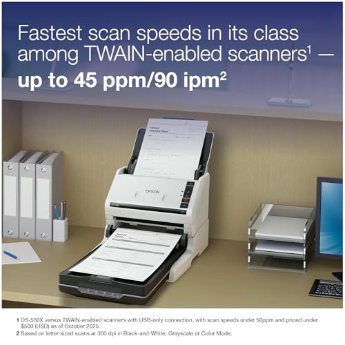 Epson DS-530X Color Duplex Desktop Document Scanner, up to 45 ppm, USB Connectivity, 100-Page Auto Document Feeder (ADF), Twain and ISIS Drivers