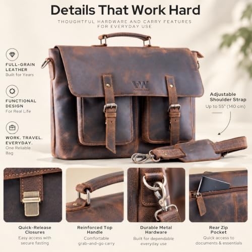 Handmade World Full Grain Leather Messenger Laptop Bag 'The Optimus' Buffalo Leather Briefcase For Men Fits Up To 16 Inch Computer Satchel Crossbody for Office Work Business