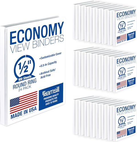 Samsill 0.5 Inch 3 Ring Binders, Economy Round Ring, Clear View Cover, 100 Sheet Capacity - for School, Home, Office - White, 24 Pack