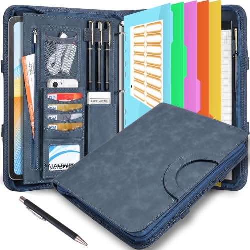 NATISERAUM Portfolio Binder 3 Ring Includes Pen and 5 Dividers with 10 Pockets, Padfolio Organizer with Magnetic Handle for Men and Women, Includes A4 Notepad for Business, School, Work
