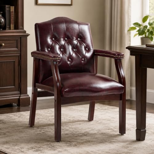 Elyveont Burgundy Leather Office Reception Chair No Wheels with Arms, Guest Waiting Room Chairs with Padded Seat, Executive Side Lobby Chair for Conference, Church, Pastors