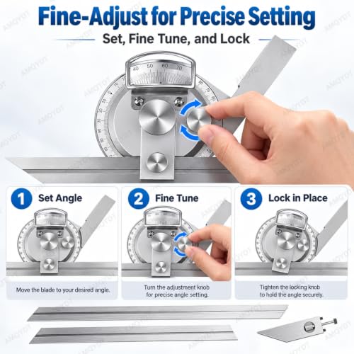 Universal Bevel Protractor, Universal Bevel Protractor with 5 Arc-Minute Scale, Magnifying Lens, Fine Adjustment and 150/200/300mm Rulers for Internal External Angle Measurement
