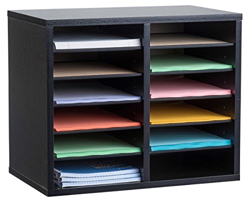 AdirOffice Wooden Adjustable Literature Organizer, 12 Compartment Office Mailbox, or Classroom Literature Organizer, Black
