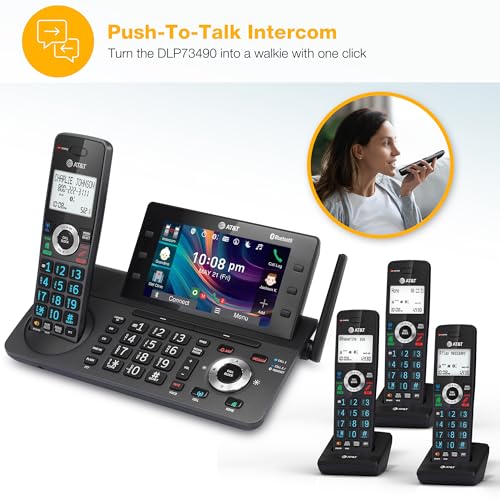 AT&T 4-Handset DECT 6.0 Cordless Home and Business Phone with Answering Machine, 5" Color Display, One-Touch Shortcut, Conference, Intercom, Smart Call Blocker, Bluetooth Connect to Cell: DLP73490