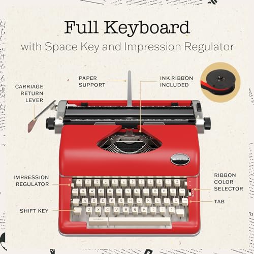 Maplefield Vintage Manual Typewriter Machine - Red Typewriter for Writers & Authors - Antique Desk Decor & Office Accessory - Compact Design & Easy Setup