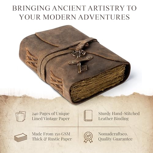 Vintage Leather Journal Lined Pages with Key - Antique Handmade Deckle Edge Vintage Paper Leather Bound Journal - Book of Shadows Journal - Leather Sketchbook - Drawing Journal - Great Gift