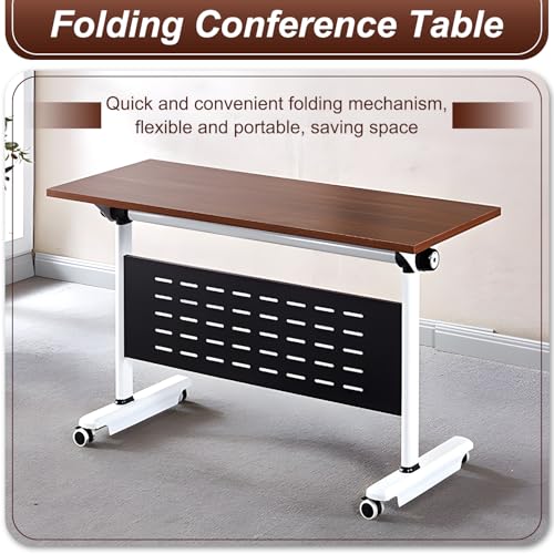 MOFGOE Large Conference Room Table, Folding Training Table with Wheels, Mobile Seminar Desk, for Office Classroom Meeting, Modular Spliced ​​& Combined, Brown,1pack,55x24x30 Inch