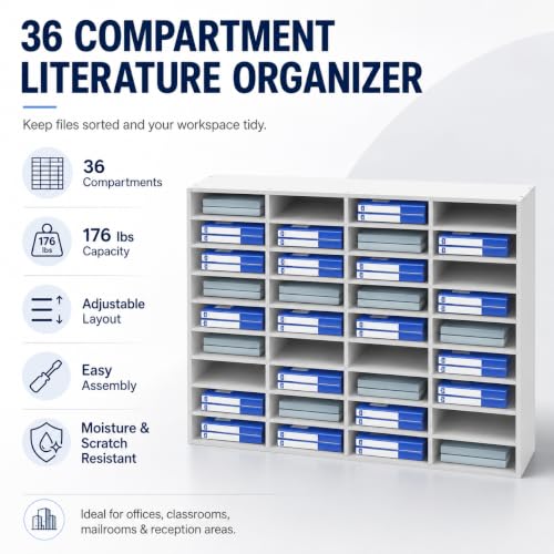 NTNOEA 36 Compartment Literature Organizer, Large Mail Sorter Cabinet with Adjustable Shelves, 176 lbs Load Capacity, Desktop File Mailbox