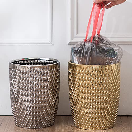 Modern Golden Small Trash Can Wastebasket, Garbage Container Bin for Bathrooms, Powder Rooms, Kitchens, Home Offices - Durable Ceramics - Round