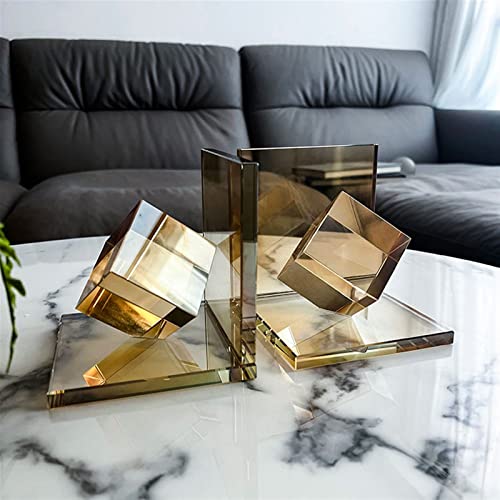 Book Organizer Decorative Bookends with Square Crystal Geometric Design, for Books, Magazines, Journals, Modern Home and Office Table or Desk Decor