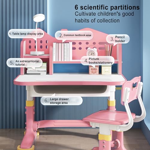 Height Adjustable Student Desk and Chair Set with Storage Drawer & Bookstand, Ergonomic Study Table with Widened Desktop for Home Office, Bedroom, School, Ergonomic Writing Desk for Teens & Adults P