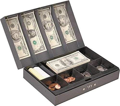 Rocky Mountain Goods Cash Box with Money Tray Combination Lock - 4 Spring loaded bill clips - Six compartment tray for change - Customizable lock - Safety lock durable welded steel