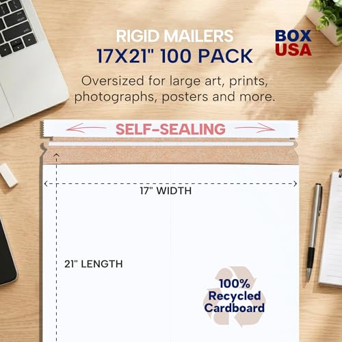 BOX USA Rigid Mailers 17 x 21 (100-Pack) - Cardboard Mailer Envelopes for Large Artwork, Posters, Blueprints - Stay Flat