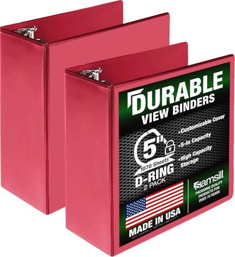 Samsill Durable 5 Inch 3 Ring Binder, D Ring Binder, Customizable Clear View, Red, 2-Pack, Holds 1070 Pages