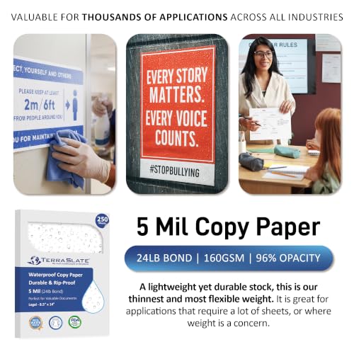 TerraSlate Waterproof Laser Printer Paper, 5 Mil 8.5" x 14", White, 250 Sheets I Rain/Weather/Rip-Proof Printing Paper