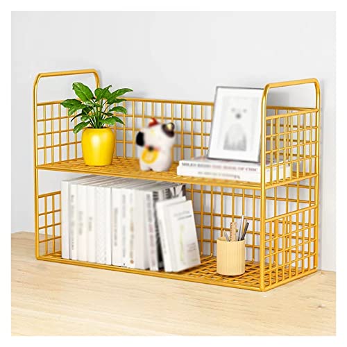 Bookcase Desktop Organizers Metal Mesh Design Desktop Small Bookshelf for Office Desk Display Shelf Desktop Corner Organizer and Storage for Dorm, Home Decor, Makeup Shelf, Gold Modern(Large)
