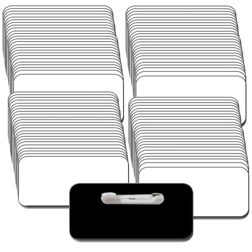 Name Tags/Badges and Pin Fasteners Unattached - 100 Pack Bulk White/Black Blank Plastic 1/4th Rounded Corners 1.5" X 3"