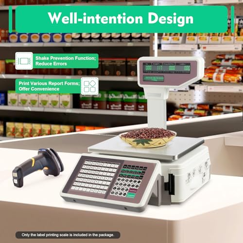 Label Printing Scale, 66lbs Commercial Electronic Computing Scale Digital Business cial Food Scale Price Calculator with Dual TD Thermal Label Printer & Barcode Stickers for Retail Outlet Store