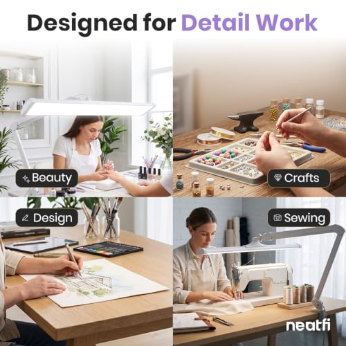 Neatfi Pro LED Task Lamp with Clamp | CRI 95 | 50W | 684 LED Beads | 4,500 Lumens | Touch CCT Dimming | 3000K-6500K | Desk Light for Reading, Crafting & Home Office Use (White-8, 31.8-Inch Wide Shade)