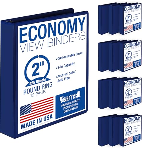 Samsill 2 Inch 3 Ring Binders, Economy Round Ring, Clear View Cover, 425 Sheet Capacity - for School, Home, Office - Blue, 12 Pack