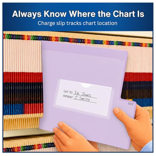 Doctor Stuff - Short Tab Vinyl Outguides, Full Front Pocket, Bottom Charge Out Slip Pocket, Plastic File Folder, Legal Size 9" x 16", Lavender, 50/Box