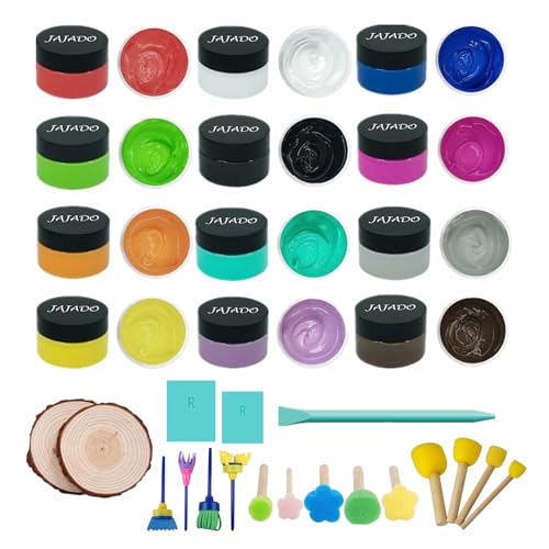 30pcs Art Craft Project Kit with 12 Jars Chalk Paste Paint, 13pcs Sponge Brush Paint Tool, 3pcs Screen Print Squeegee and 2pcs Wood Slice, Adhesive Stencil Paint on Wood, Fabric, Cup, DIY Home Decor