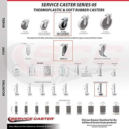 3 Inch Swivel Thermoplastic Rubber Caster Wheels and 10 mm - 1.50 TPI x 1.5 Inch Threaded Stem Casters - 440 lbs. Total Capacity - Set of 4 - Service Caster Brand