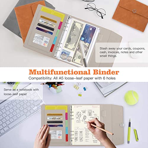 ONMYJFD A5 Leather Binder Budget Planner Organizer 6 Binder Cover with 15 Pcs Envelope Pockets,Label,for Money Saving Budgeting(E)
