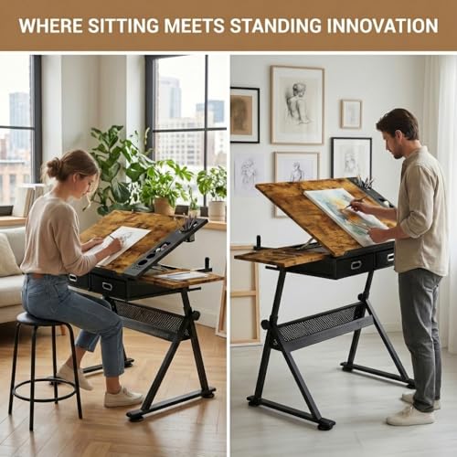 VENLUSUIR Drafting Table with Storage & Stool: Adjustable Tilting Art Desk, 2 Drawers, Height Adjustable Craft Table for Drawing, Painting, Home Office (Rustic Brown)