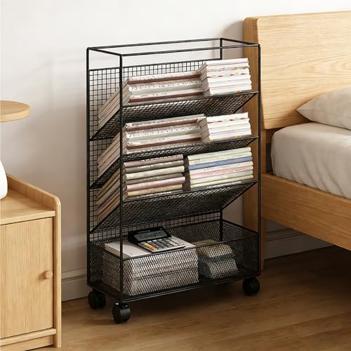 Metal Rolling Book Cart, 5 Tier Slim Book Rack Storage Bookshelf with Wheels, Large Capacity Mobile Multfunctional Library Cart for Storing Books Magazines Newspapers(Black)