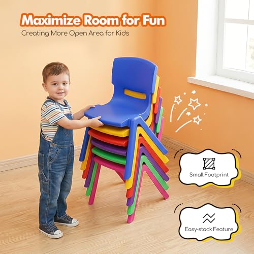 YuEany Stackable School Chairs, 6Pcs Colorful Kids Plastic Chair with 11'' Seat Height, Toddler Stack Chairs for Classroom Elementary Daycare Indoor Outdoor - 6 Colors