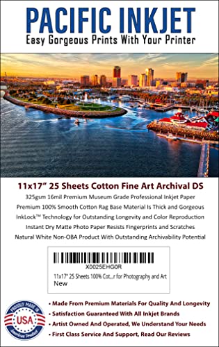 (11-x-17) 25 Sheets 100% Cotton Fine Art Matte Double Sided Inkjet Paper - 16mil 325gsm See Description for Compatibility Info Before Purchase - OBA Free Archival Grade Inkjet Media