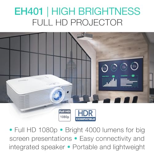 Optoma EH401 Full HD, 4000 Lumens, Dual HDMI, USB Power for Streaming Stick, Built-in Speaker, Compact Projector for Office & Classroom, 1080p