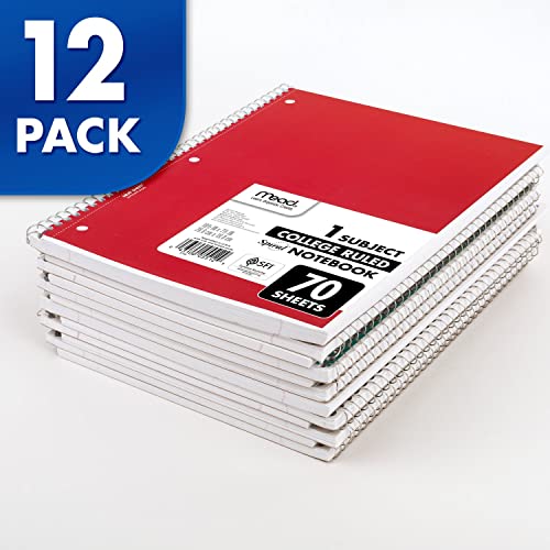 Mead Spiral Notebook, 12 Pack, 1 Subject, College Ruled Paper, 7-1/2" x 10-1/2", 70 Sheets per Notebook, Colors Will Vary (830063-ECM25)