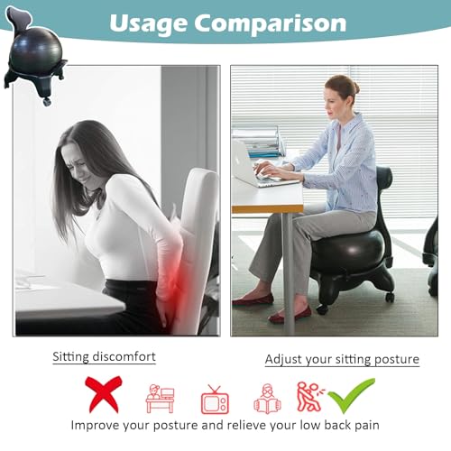 piudoiliy Yoga Ball Chair,Inflatable Balance Exercise Seat, for Core Strength,Office, Physiotherapy (Black)