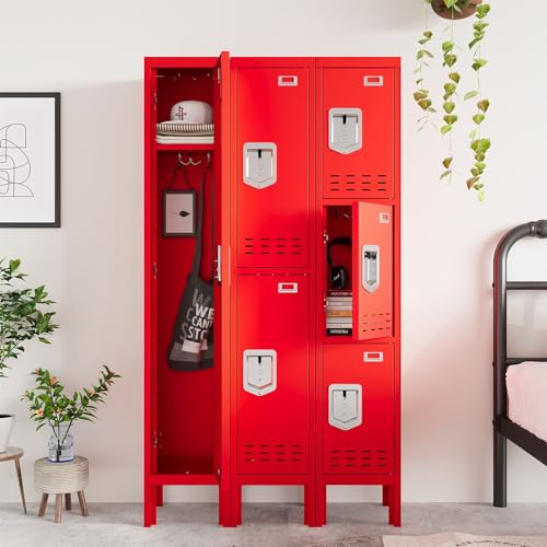 SAPITAL Metal Storage Locker, Lockable Employees Metal Locker with Door, Card Slot, 66" Height Steel Locker for Home, School, Office, Gym (Red)