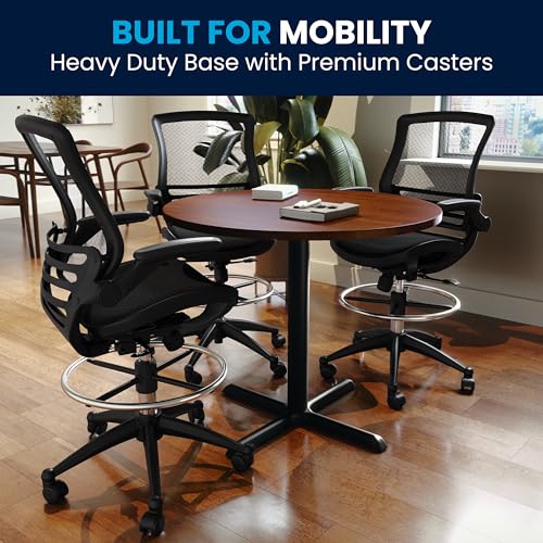 BizChair Mid-Back Transparent Black Mesh Drafting Chair with Black Frame and Flip-Up Arms
