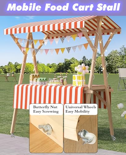 MLYAYE Wood Food Cart on Wheels, Movable Stall Display Stand for Street Stalls, Market Vending, Booth, Floor-Standing Vendor Table Carts, Practical & Lightweight(Red,L 59 inch)