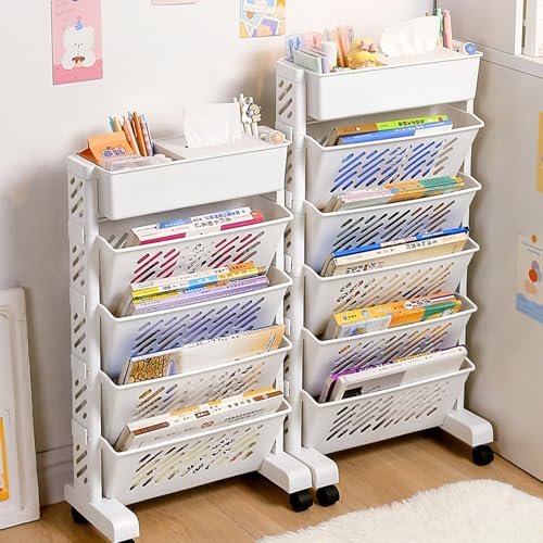 JS Ellie Movable White Bookshelf, Narrow Book cart with Wheels and Storage Baskets, Suitable for Studies, bedrooms, Living Rooms, and Offices 5-Tier