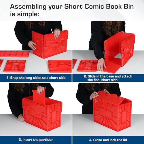BCW Short Comic Book Bin | Holds 150 Comics | Stackable Plastic Storage | Acid-Free Organizer | Red, 5 Pack