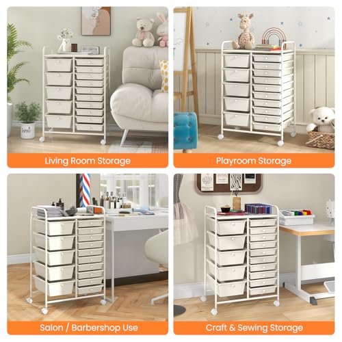 LDAILY 15 Drawer Rolling Storage Cart, Rolling Cart with Drawers for Classroom, Art Supply Craft Organizer on Wheel with Metal Frame & Handles for Home Office School