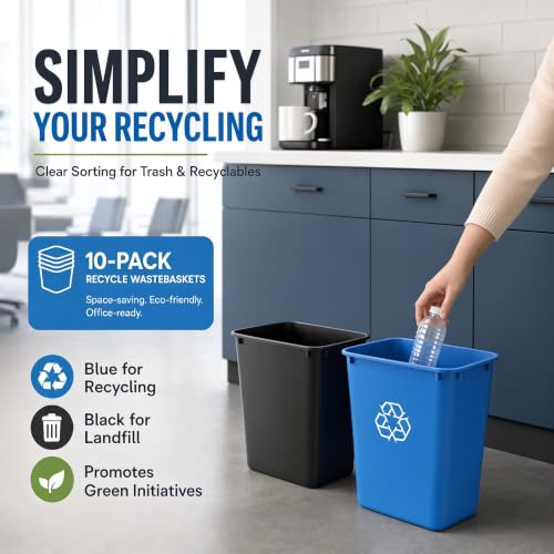 SunSierra 10 Pack, Recycle Wastebasket, 13 Qt. / 3 Gallon Rectangular Wastebasket/Trash Can Kit - Space Saving Recycling Bin, Narrow Spaces in Commercial, Kitchen, Home, Office, and Dorm - Black