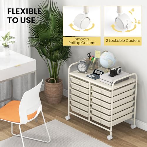 12-Drawer Rolling Cart with Drawers, Storage Cart with Universal Wheel & Metal Frame, Multipurpose Mobile Trolley Utility Cart for Makeup Kitchen Office Play Room