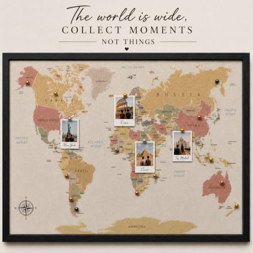 LEVONTO World Map Pin Board Large 30"x20" Framed Colored Cork Travel Map with 200 Push Pins, World Map Wall Decor for Travelers, Places Visited Tracker, Travel Gift for Couples & Families