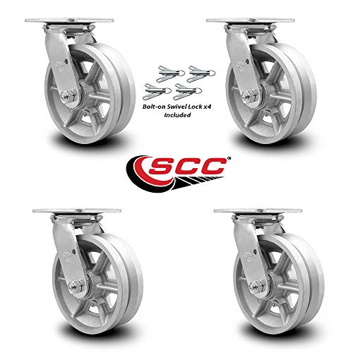 Heavy Duty Swivel Caster Set of 4 with 6 Inch V-Groove Semi Steel Cast Iron Wheels and Bronze Bearings - Includes 4 Swivel with Bolt on Swivel Locks - 4,800lbs. Total Capacity - Service Caster Brand