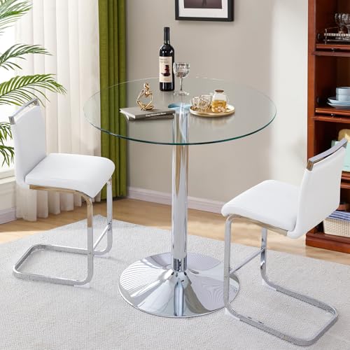 3-Piece Dining Table Set,Kitchen Glass Round Small Table with Modern PU Leather Chairs for Small Spaces（Silver Table + White Chairs）