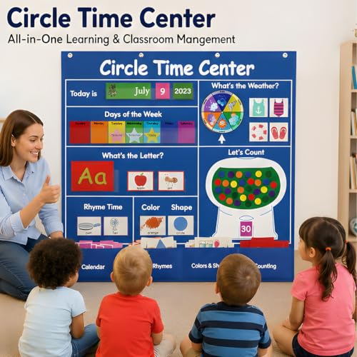 Daily Learning Center Pocket Chart Set for Classroom Routines, Calendar Weather and Counting Board with Card Pockets for Group Lessons Daily Learning Board Pocket Chart Center Calendar Letter