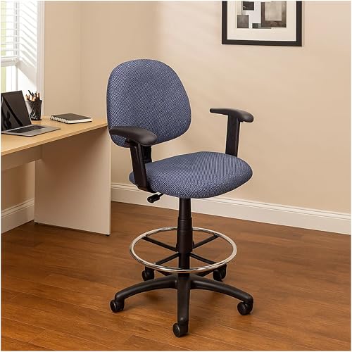 Benzara Jea Drafting Stool Chair, Adjustable Arms, Blue Tweed, Round Footring